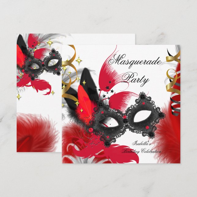 Masquerade Party Birthday Red Mask Black White Invitation (Front/Back)