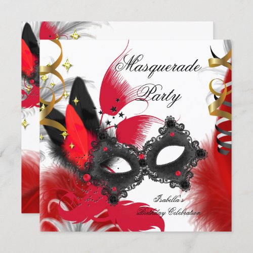 Masquerade Party Birthday Red Mask Black White Invitation