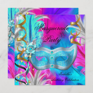 Masquerade Party Birthday Teal Mask Purple Pink Invitation