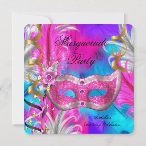 Masquerade Party Birthday Teal Purple Pink Invitation