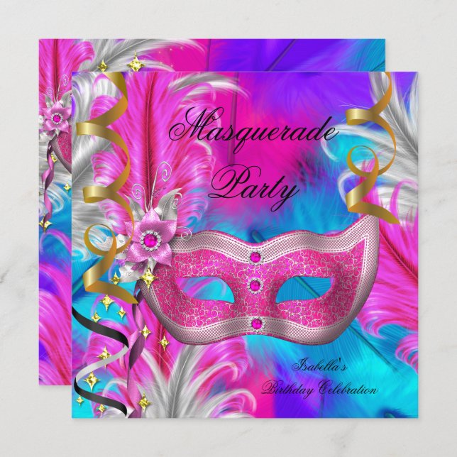 Masquerade Party Birthday Teal Purple Pink Invitation (Front/Back)