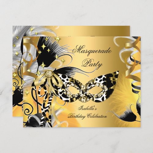 Masquerade Party Birthday Wild Mask Black Gold 2 Invitation