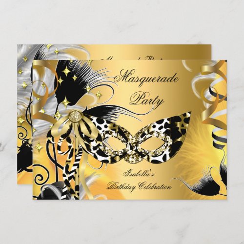 Masquerade Party Birthday Wild Mask Black Gold 2 Invitation