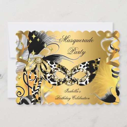 Masquerade Party Birthday Wild Mask Black Gold 2 Invitation