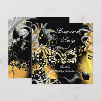 Masquerade Party Birthday Wild Mask Black Gold 3 Invitation