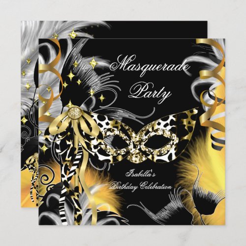 Masquerade Party Birthday Wild Mask Black Gold 3 Invitation