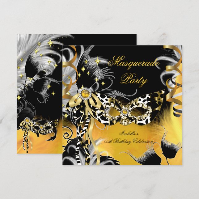 Masquerade Party Birthday Wild Mask Black Gold B Invitation (Front/Back)