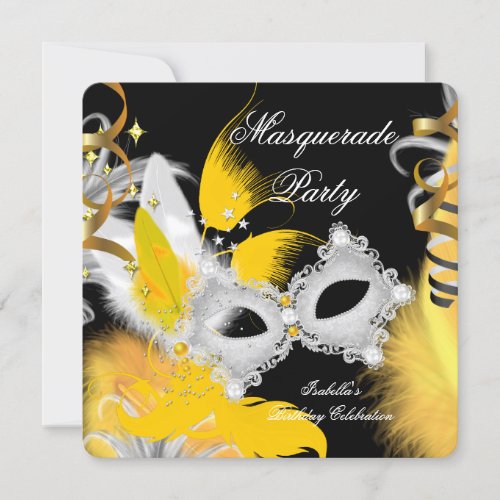 Masquerade Party Birthday Yellow Mask White Black Invitation