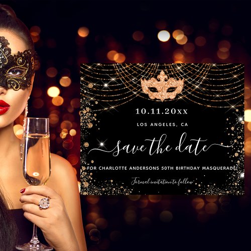 Masquerade party black gold budget save the date flyer
