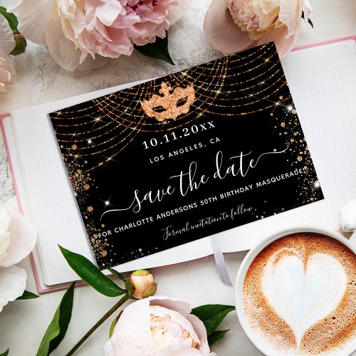 Masquerade party black gold glitter save the date announcement postcard