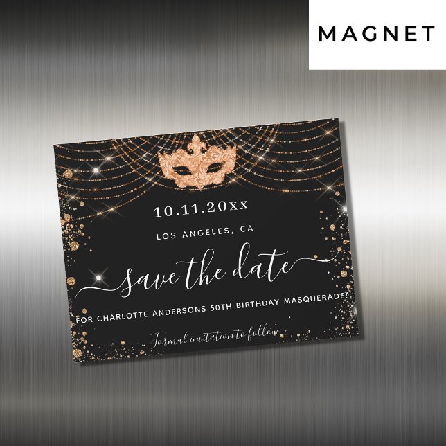 Masquerade party black gold save the date magnet
