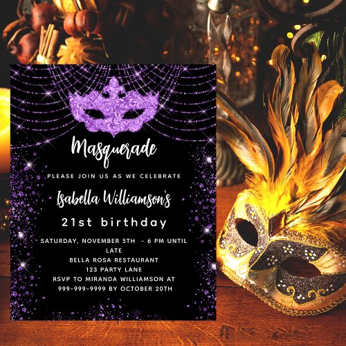 Masquerade party black purple budget invitation flyer