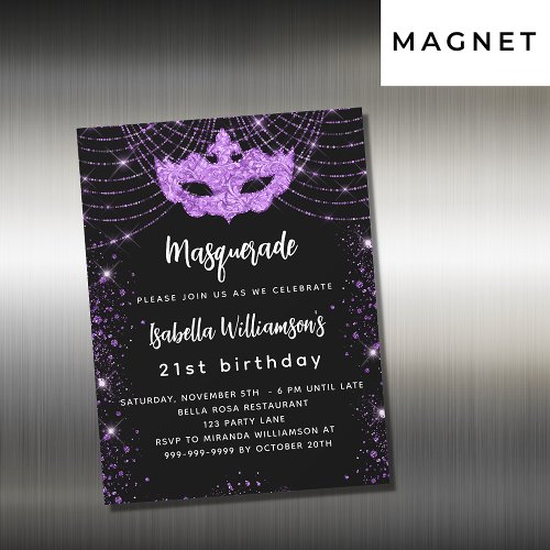 Masquerade party black purple glitter luxury magnetic invitation