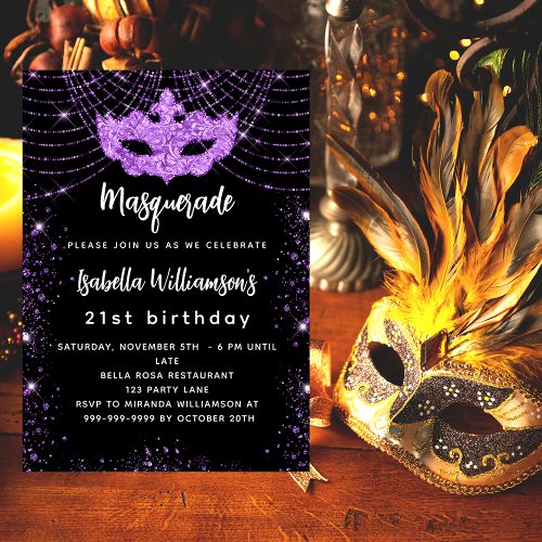 Masquerade party black purple glitter mask invitation postcard