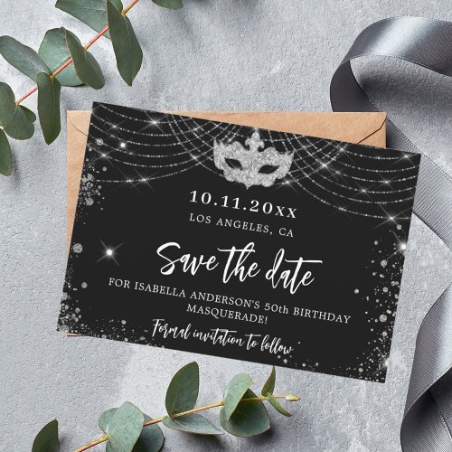 Masquerade party black silver save the date card