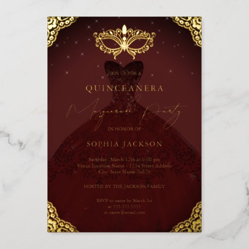 Masquerade Party Burgundy Dress Quinceanera Foil Invitation