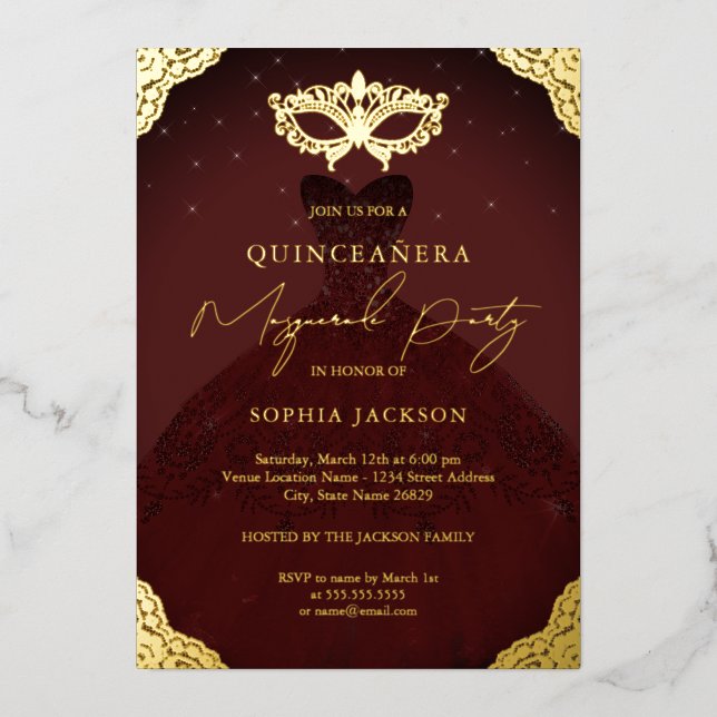 Masquerade Party Burgundy Dress Quinceanera Foil Invitation (Front)