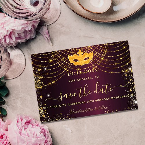 Masquerade party burgundy gold glitter sparkles save the date