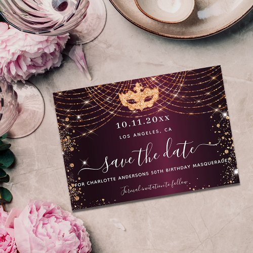 Masquerade party burgundy gold glitter sparkles save the date