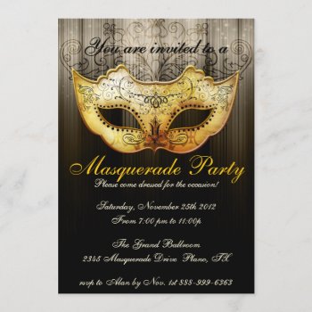 Masquerade Party Celebration Fancy Gold Invitation by oddlotpaperie at Zazzle