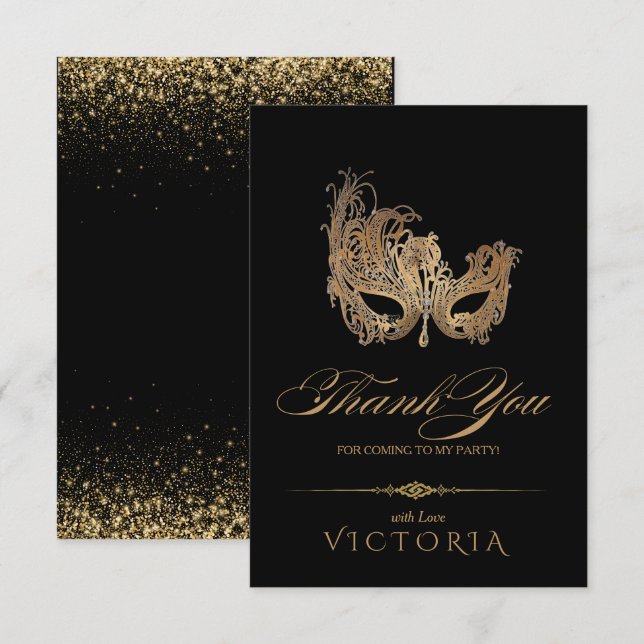 Masquerade Party Chic Gold Flat Thank You Card (Front/Back)