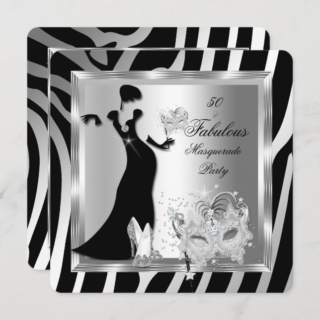 Masquerade Party Fabulous 50 Zebra Silver Black Invitation (Front/Back)