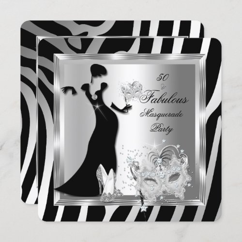 Masquerade Party Fabulous 50 Zebra Silver Black Invitation