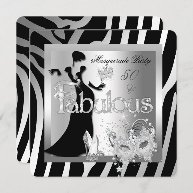 Masquerade Party Fabulous 50 Zebra Silver Black Invitation (Front/Back)