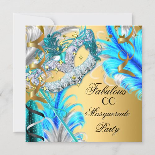 Masquerade Party Fabulous Birthday Teal Blue 2 Invitation