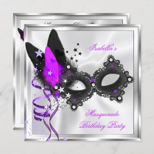 Masquerade Party Glitter Purple Silver Black Mask Invitation