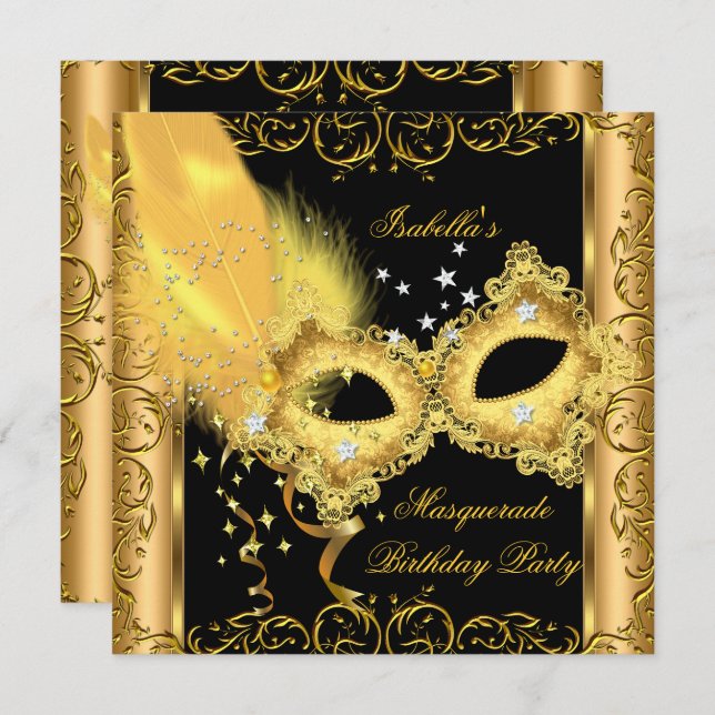 Masquerade Party Gold Black Yellow Mask 2 Invitation (Front/Back)