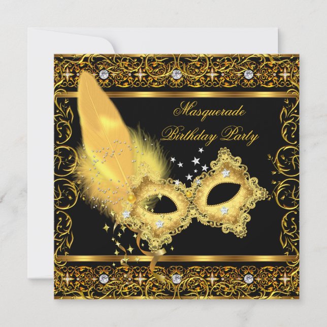 Masquerade Party Gold Black Yellow Mask 4 Invitation (Front)
