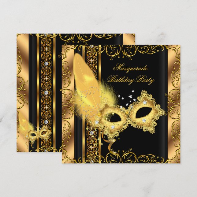 Masquerade Party Gold Black Yellow Mask 6 Invitation (Front/Back)