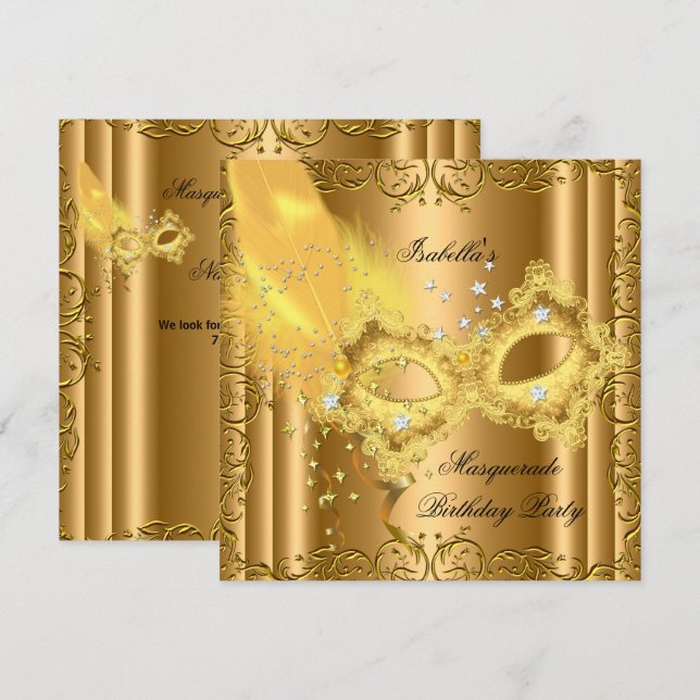 Masquerade Party Gold Bronze Yellow Mask Invitation (Front/Back)