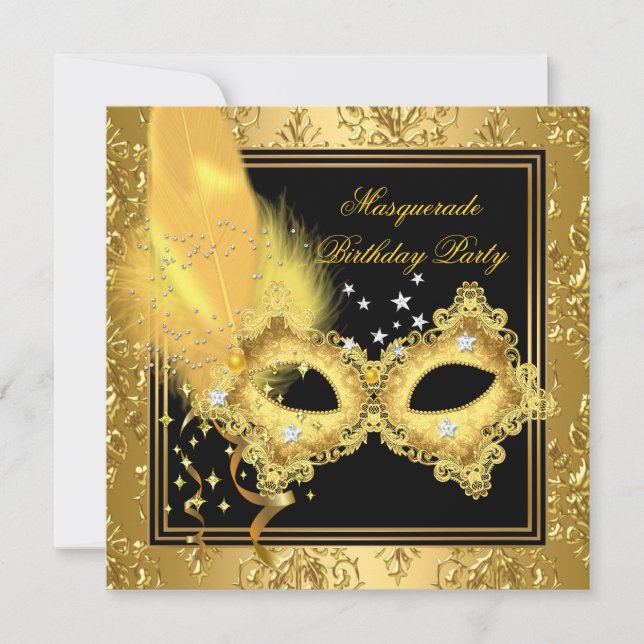Masquerade Party Gold Damask Black Yellow Mask 2 Invitation (Front)