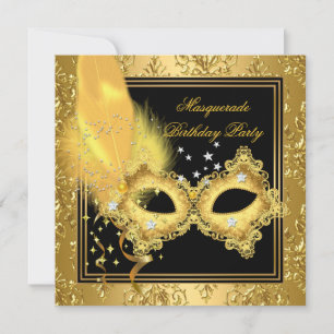 Masquerade Party Gold Damask Black Yellow Mask 2 Invitation