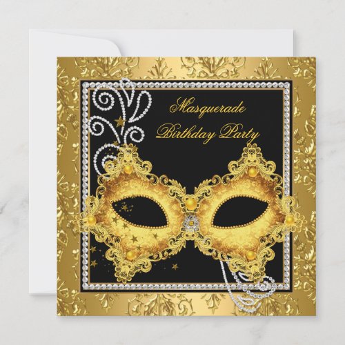 Masquerade Party Gold Damask Black Yellow Mask 3 Invitation