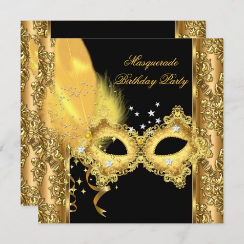 Masquerade Party Gold Damask Black Yellow Mask Invitation