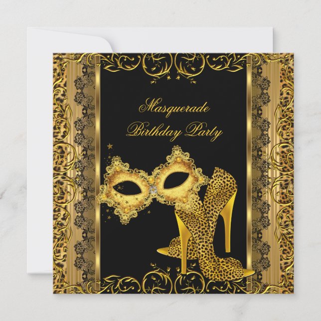 Masquerade Party Gold Leopard Mask High Heels 2 Invitation (Front)