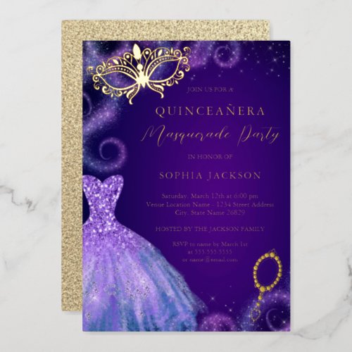 Masquerade Party Gold Purple Dress Quinceanera Foil Invitation