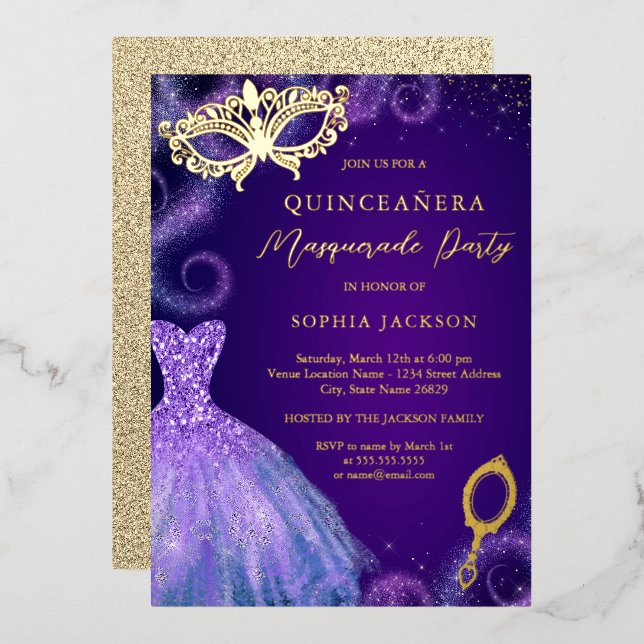 Masquerade Party Gold Purple Dress Quinceanera Foil Invitation (Front/Back)