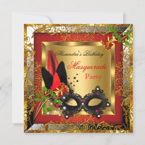 Masquerade Party Gold Red Black Mask Rose 2 Invitation