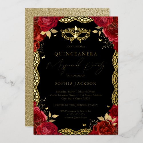 Masquerade Party Gold Red Rose Lace Quinceanera  Foil Invitation