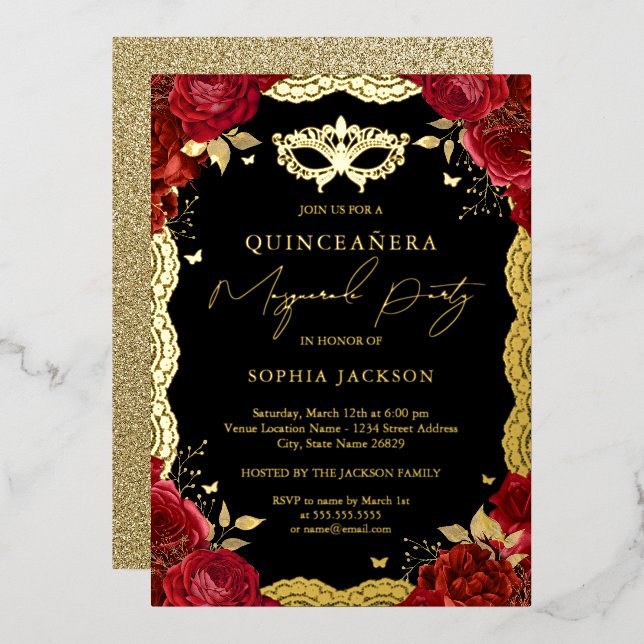 Masquerade Party Gold Red Rose Lace Quinceanera  Foil Invitation (Front/Back)