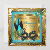 Masquerade Party Gold Teal Black Mask Rose Invitation (Front)