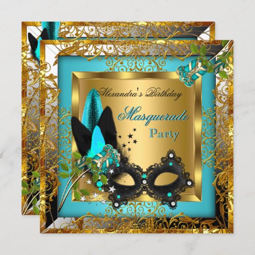 Masquerade Party Gold Teal Black Mask Rose Invitation