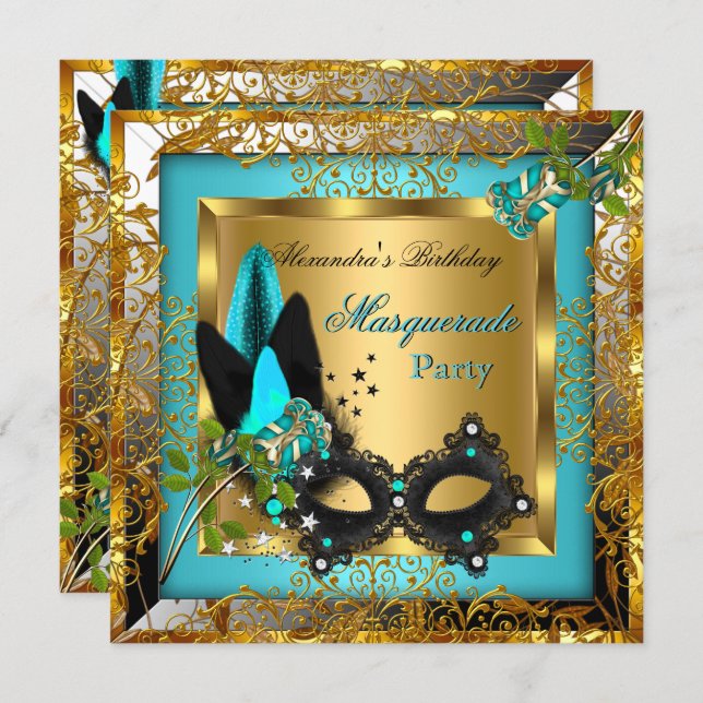 Masquerade Party Gold Teal Black Mask Rose Invitation (Front/Back)