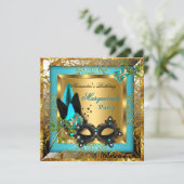 Masquerade Party Gold Teal Black Mask Rose Invitation (Standing Front)