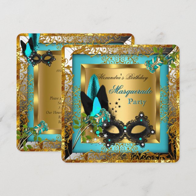 Masquerade Party Gold Teal Black Mask Rose R2 Invitation (Front/Back)