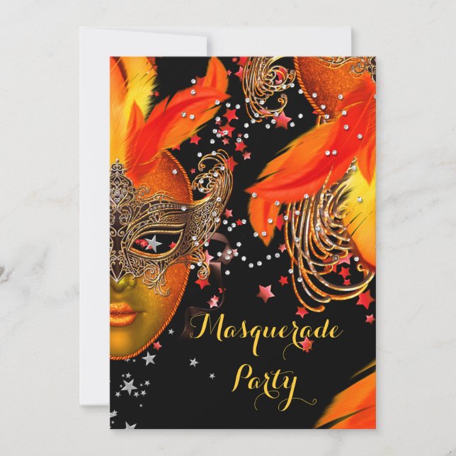 Masquerade Party Gold Yellow Orange Black Masks Invitation (Front)